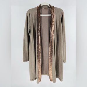 Soft Surroundings Gold Metallic Knit Sequin Trim Open Front Longline Cardigan